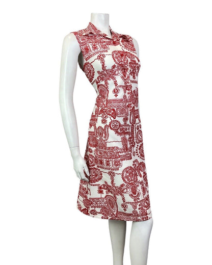 VINTAGE 60s 70s WHITE RED PSYCHEDELIC FLOWER FOLK SLEEVELESS SHIRT DRESS 12