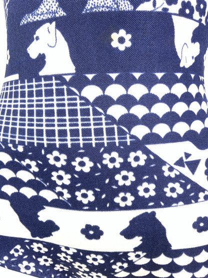 VINTAGE 60s 70s BLUE WHITE FLORAL DOG SCALES MOD PATCHWORK SWIM BODY SUIT 8 10