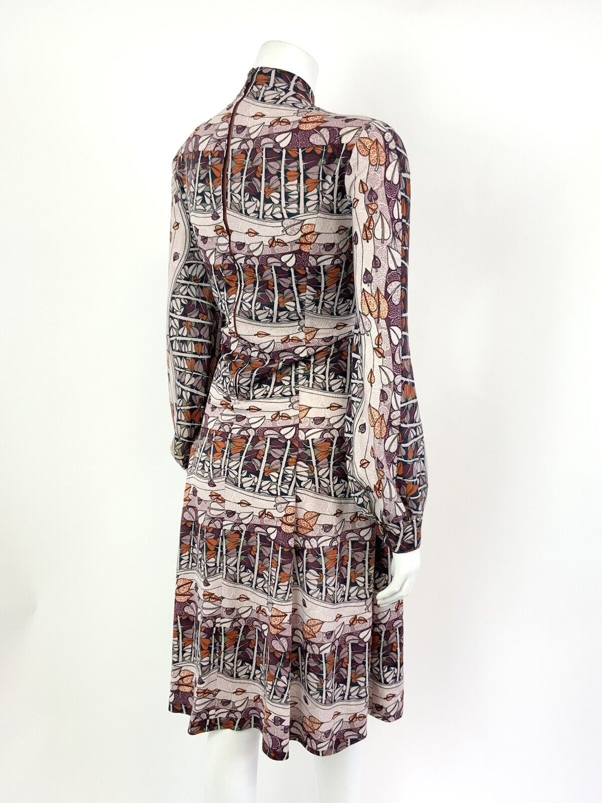 VTG 60s 70s PURPLE PINK ORANGE LEAFY TREE VINE PSYCHEDELIC PUSSYBOW DRESS 14 16