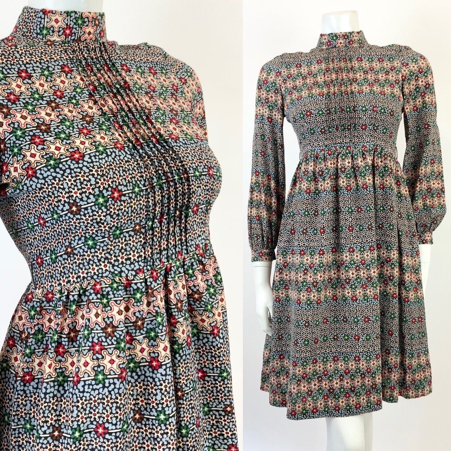 VINTAGE 60s 70s BLUE CREAM RED BLACK PSYCHEDELIC FLORAL DITSY SWING DRESS 8
