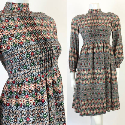 VINTAGE 60s 70s BLUE CREAM RED BLACK PSYCHEDELIC FLORAL DITSY SWING DRESS 8