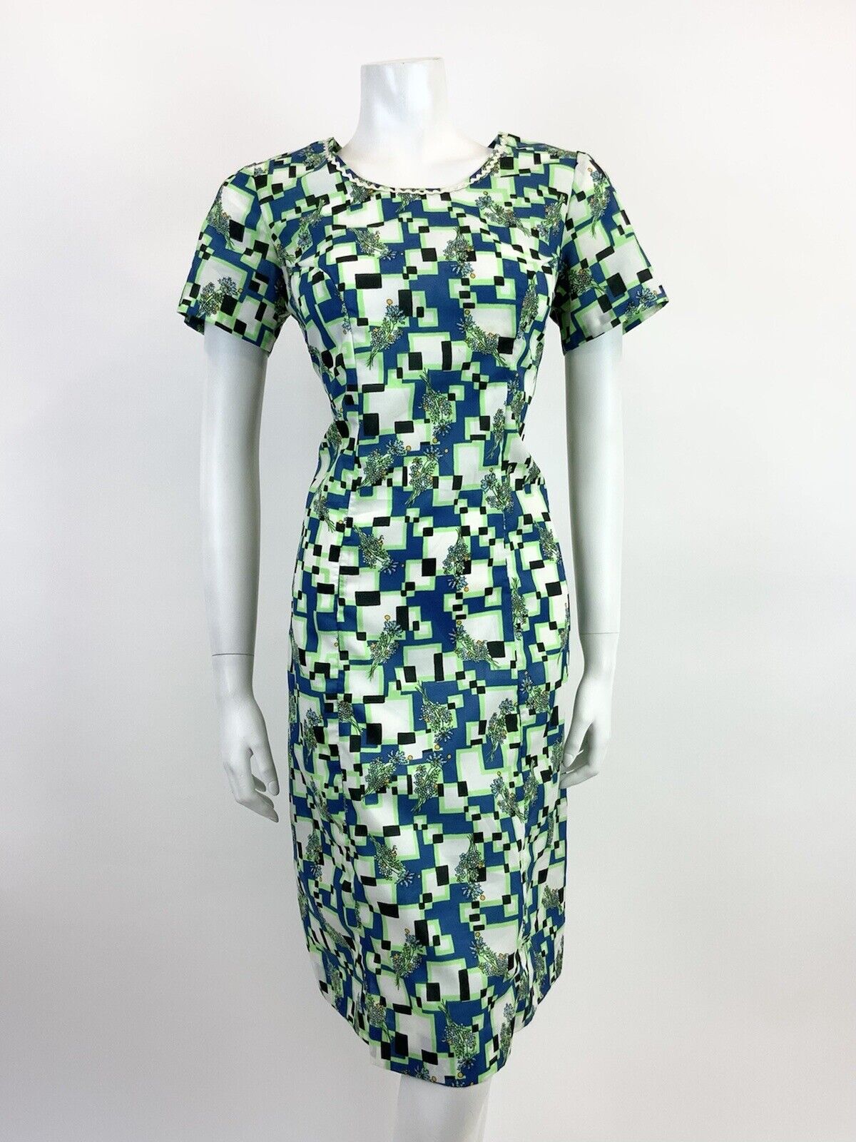 VINTAGE 60s 70s BLUE NEON GREEN WHITE GEOMETRIC FLORAL PIXEL MOD SHORT DRESS 14