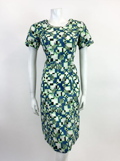 VINTAGE 60s 70s BLUE NEON GREEN WHITE GEOMETRIC FLORAL PIXEL MOD SHORT DRESS 14