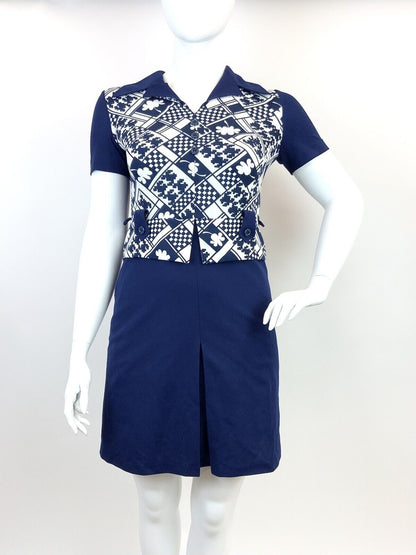 VINTAGE 60s 70s BLUE WHITE GEOMETRIC CHECKERBOARD MOD DAGGER SHIRT DRESS 14 16