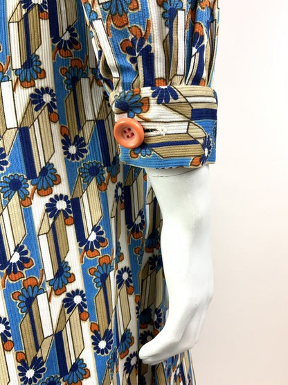 VINTAGE 60s 70s BLUE WHITE ORANGE GEOMETRIC DAISY FLOWER MOD SHIRT DRESS 12