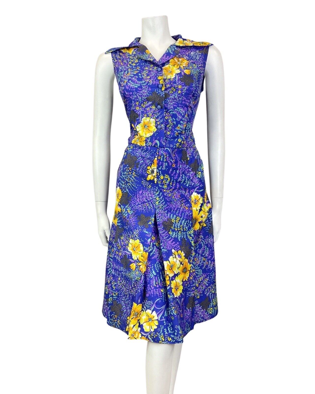 VINTAGE 60s 70s BLUE PURPLE YELLOW FLORAL DAGGER COLLAR SHIRT DRESS 12 14