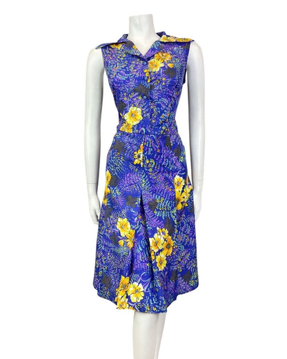VINTAGE 60s 70s BLUE PURPLE YELLOW FLORAL DAGGER COLLAR SHIRT DRESS 12 14