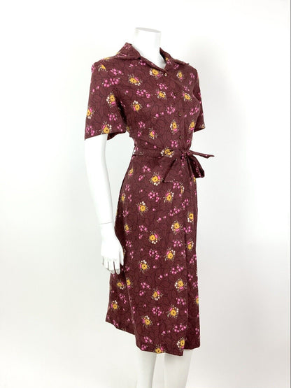 VINTAGE 60s 70s WINE RED YELLOW PINK LEAFY FLORAL DAGGER SHIRT DRESS 16 18