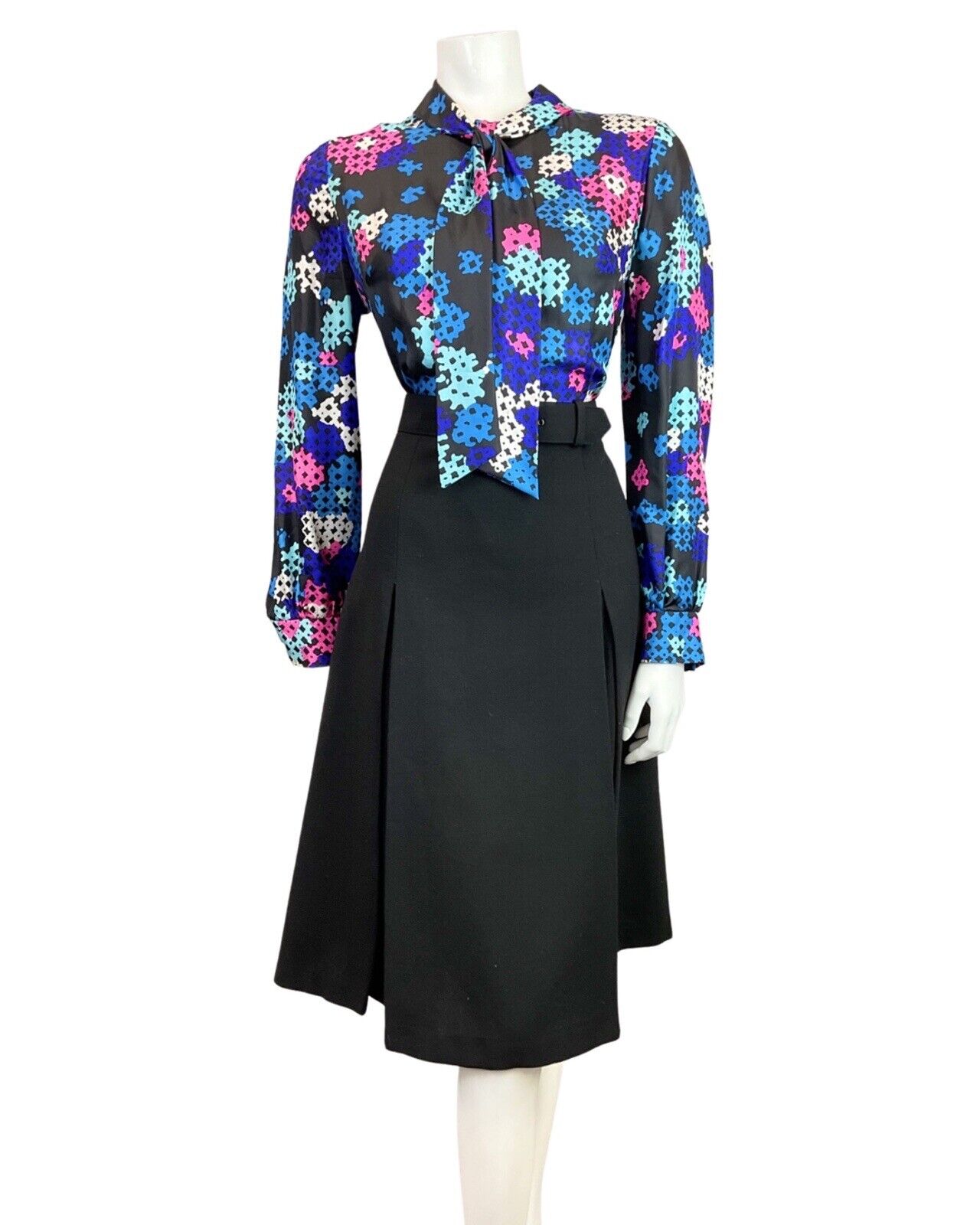 VINTAGE 60s 70s BLACK BLUE PINK GEOMETRIC BELTED PUSSYBOW SHIRT DRESS 12 14