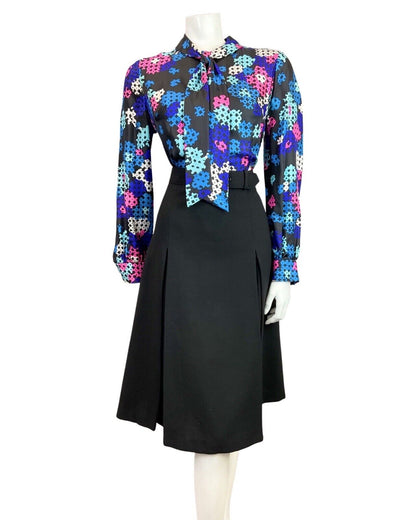 VINTAGE 60s 70s BLACK BLUE PINK GEOMETRIC BELTED PUSSYBOW SHIRT DRESS 12 14