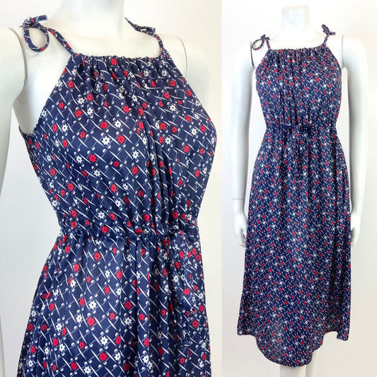 VINTAGE 70s 80s BLUE WHITE RED CHECKED GRID FLORAL STRAPPY MOD SUN DRESS 10 12