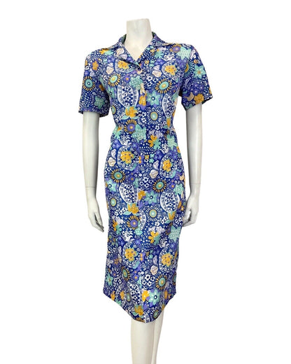 VINTAGE 60s 70s BLUE GREEN WHITE PSYCHEDELIC FLORAL MANDALA SHIRT DRESS 16