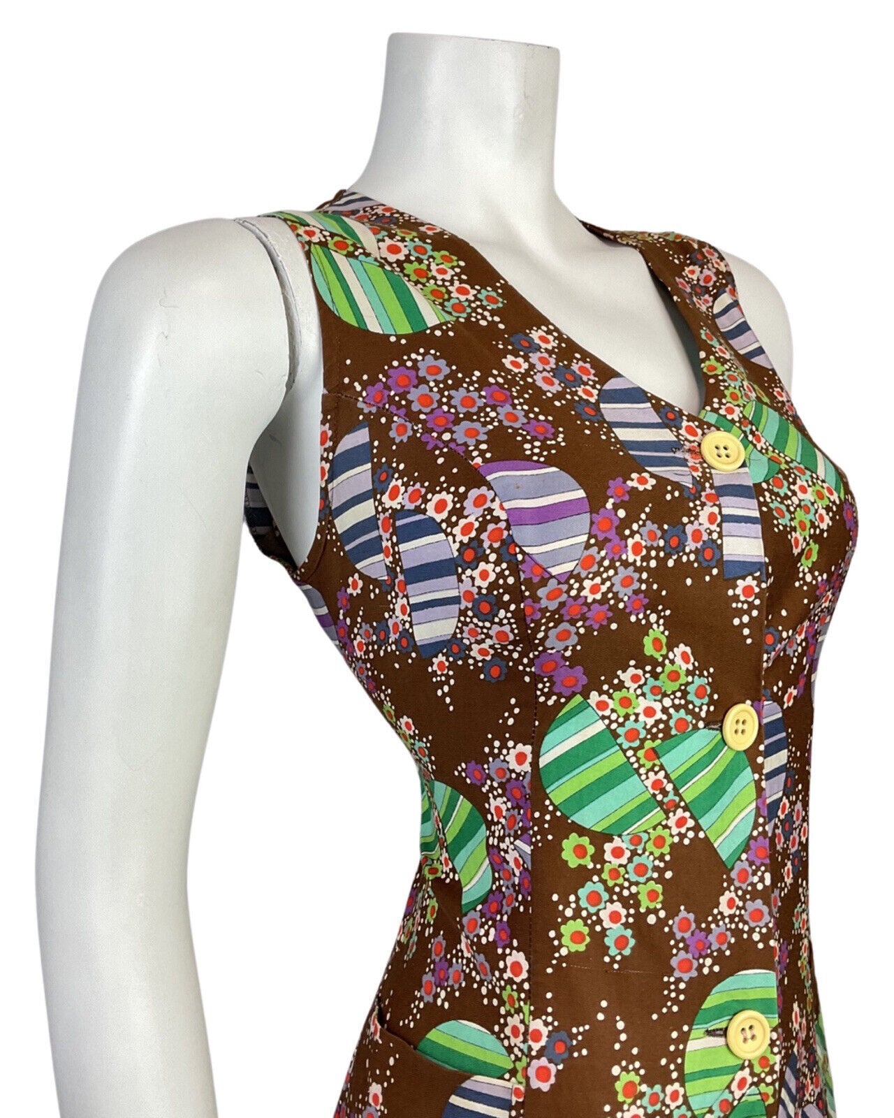 VINTAGE 60s 70s BROWN GREEN PURPLE PSYCHEDELIC DAISY DOTTY MOD DRESS 10 12