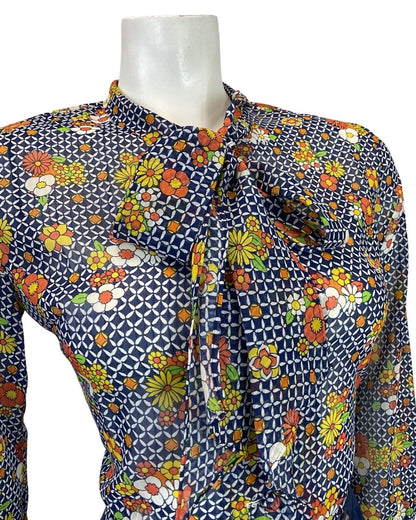 VINTAGE 60s 70s BLUE WHITE ORANGE CHECKED FLORAL PUSSYBOW SHEER BLOUSE 10 12