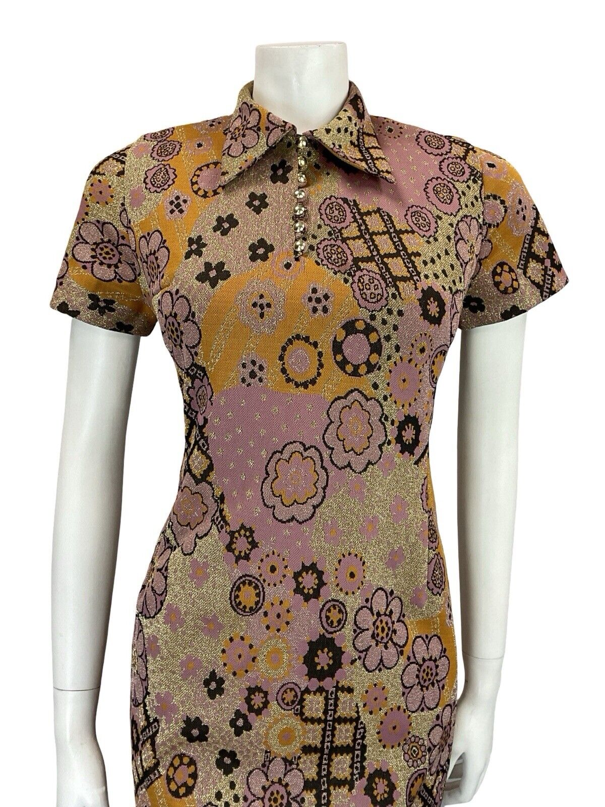 VTG 60S PINK GOLD BLACK ORANGE FLORAL PSYCHEDELIC WING COLLAR PARTY DRESS 8