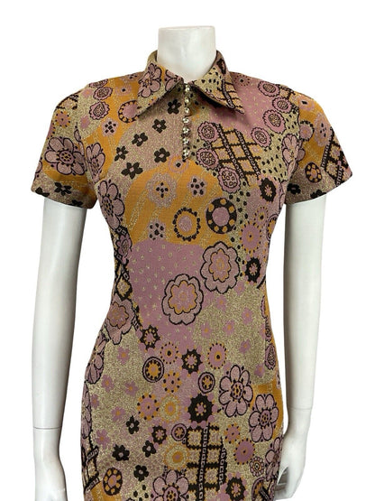 VTG 60S PINK GOLD BLACK ORANGE FLORAL PSYCHEDELIC WING COLLAR PARTY DRESS 8