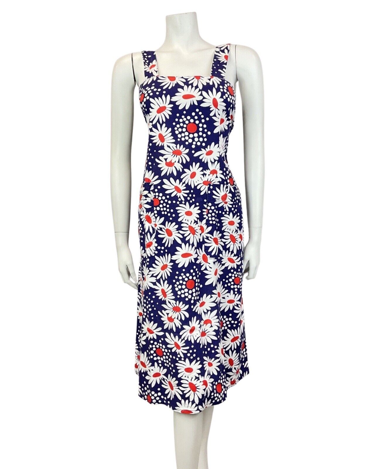 VINTAGE 60s 70s BLUE WHITE RED DAISY FLOWER DOTTY SUMMER APRON DRESS 10