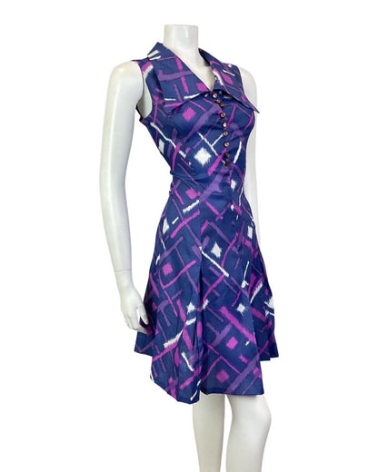 VTG 60s 70s BLUE PURPLE PINK STRIPED GEOMETRIC WING COLLAR MOD SWING DRESS 10 12