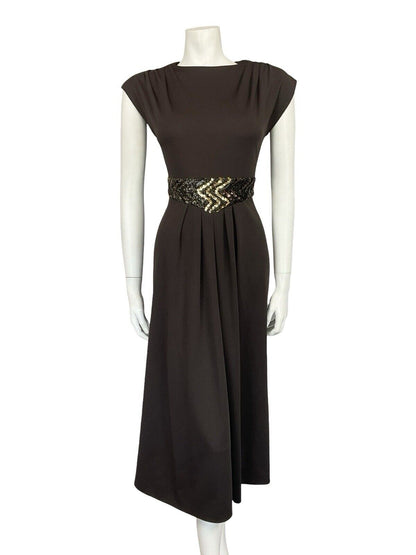 VTG 60S 70S BROWN GOLD SEQUIN BAND PLEATED TUNIC MOD PARTY MIDI DRESS 8