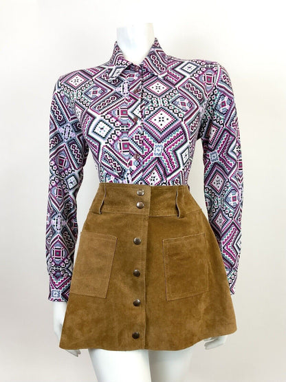 VINTAGE 60s 70s PURPLE WHITE GREEN BLACK GEOMETRIC AZTEC MOD DAGGER SHIRT 14 16