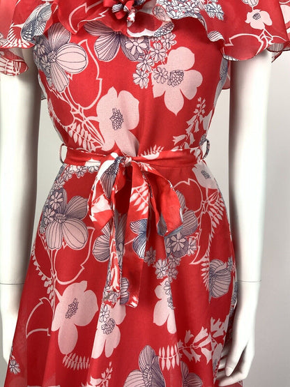 VINTAGE 60s 70s RED WHITE BLUE FLORAL CAPE SLEEVE SHEER SUMMER DRESS 8 10