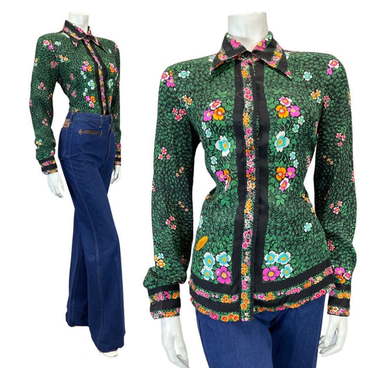 VINTAGE 70s 90s GREEN BLACK PINK LEAFY FLOWER GARDEN DAGGER COLLAR BLOUSE 12 14