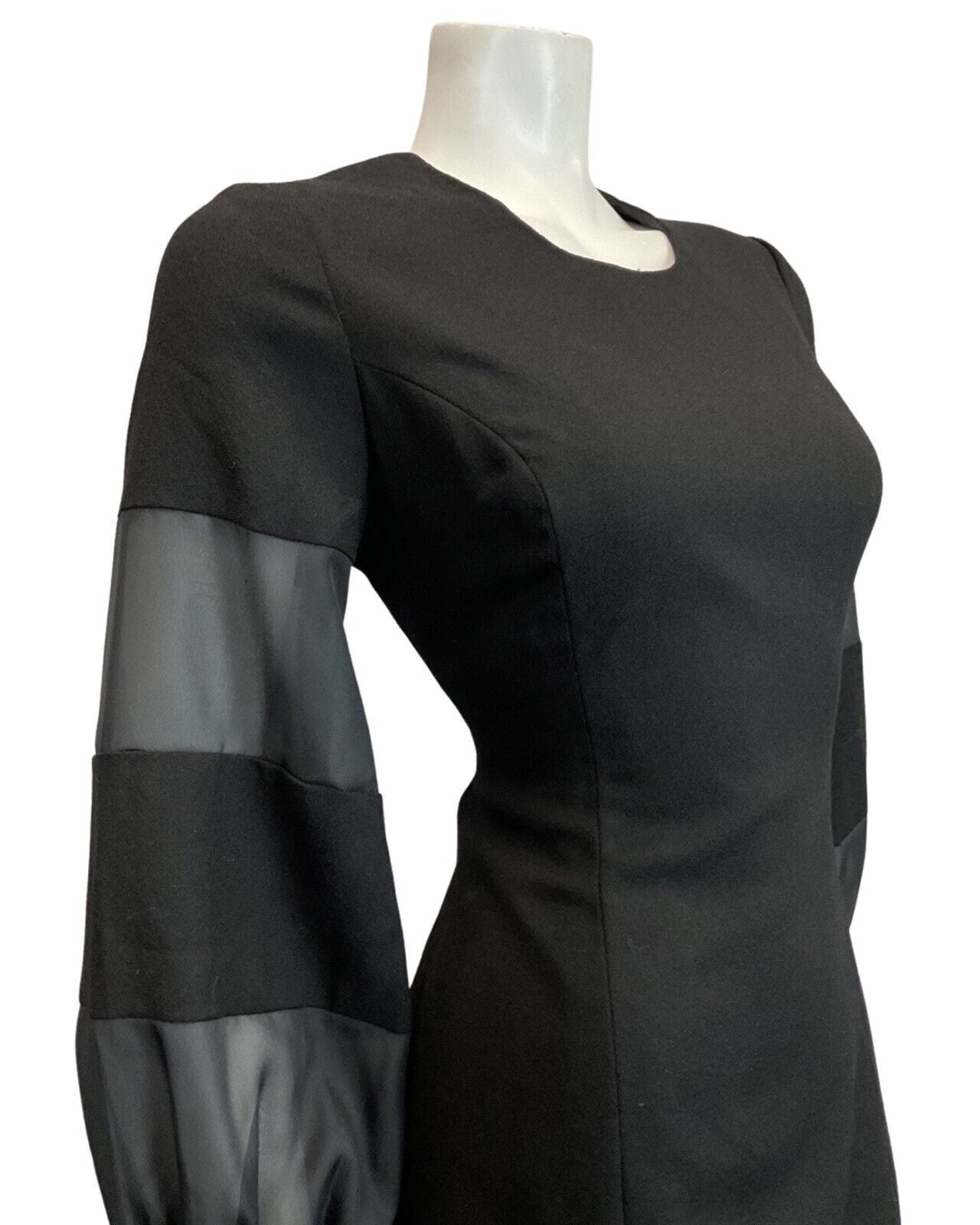 VINTAGE 60s 70s JET BLACK SHEER PUFF SLEEVE MOD DRESS 12