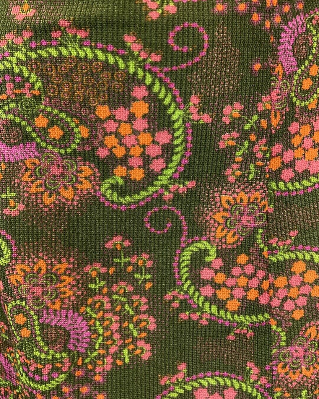 VINTAGE 60s 70s GREEN PINK ORANGE PAISLEY FLORAL PSYCHEDELIC FLARED DRESS 14