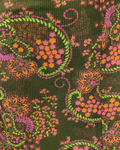 VINTAGE 60s 70s GREEN PINK ORANGE PAISLEY FLORAL PSYCHEDELIC FLARED DRESS 14