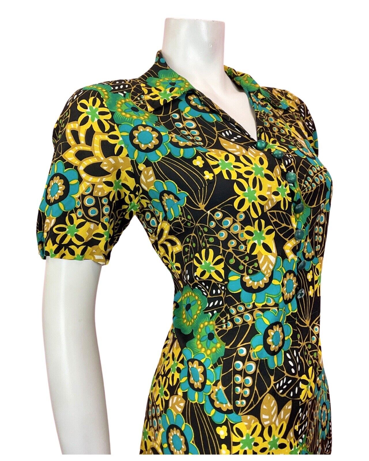 VINTAGE 60s 70s BLACK GREEN YELLOW PSYCHEDELIC FLORAL MANDALA SHIRT DRESS 10 12