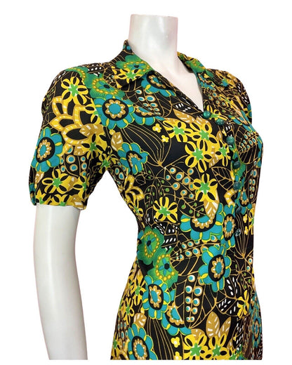 VINTAGE 60s 70s BLACK GREEN YELLOW PSYCHEDELIC FLORAL MANDALA SHIRT DRESS 10 12