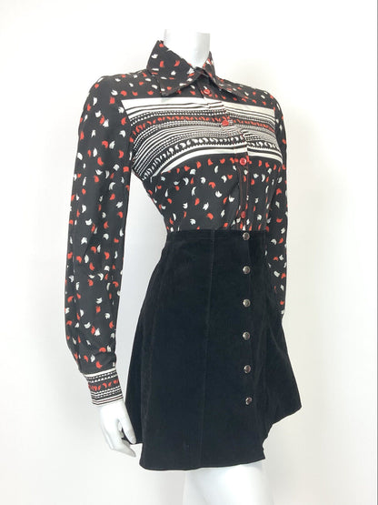 VINTAGE 60s 70s BLACK RED WHITE STRIPED DASH MOD DAGGER COLLAR SHIRT 12 14