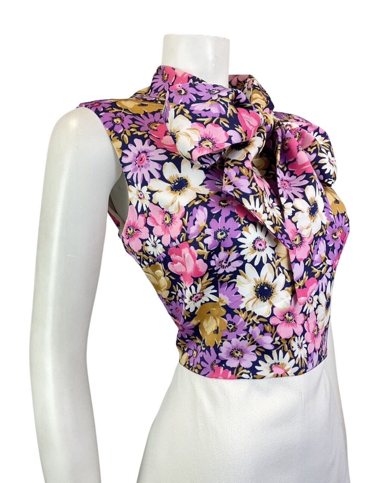 VINTAGE 60s 70s WHITE PURPLE PINK FLORAL PUSSYBOW SLEEVELESS MOD DRESS 12