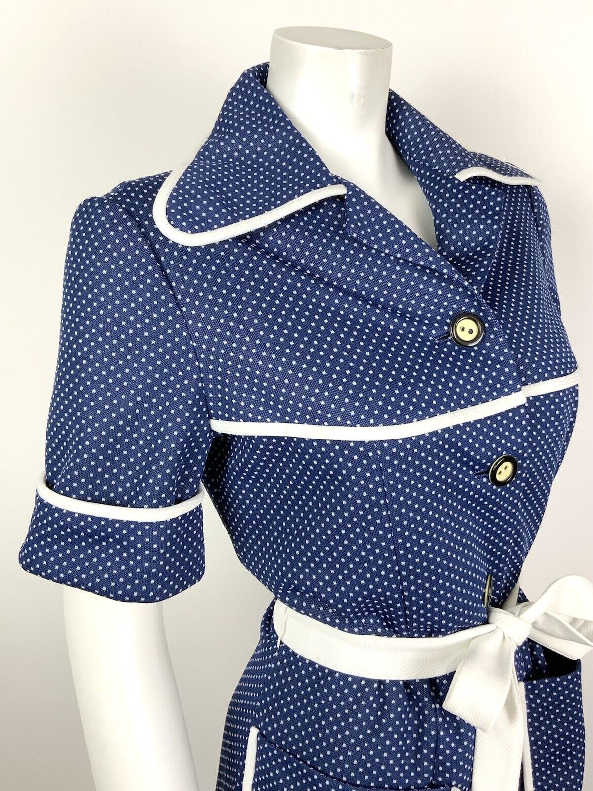 VINTAGE 60s 70s NAVY BLUE WHITE POLKA DOT BELTED WING COLLAR SHIRT DRESS 12 14