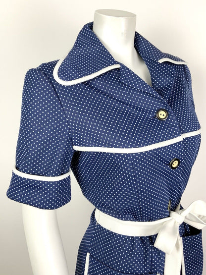 VINTAGE 60s 70s NAVY BLUE WHITE POLKA DOT BELTED WING COLLAR SHIRT DRESS 12 14