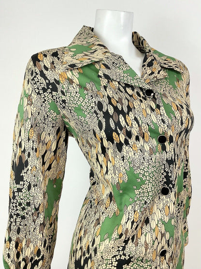 VTG 60s 70s CREAM GREEN BLACK FLORAL LEAFY PSYCHEDELIC DAGGER SHIRT DRESS 16 18