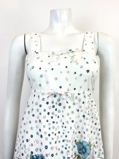 VTG 60s 70s WHITE BLUE PINK GOLD FLORAL DITSY EMPIRE LINE STRAPPY SUN DRESS 8