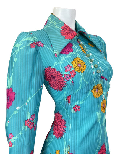 VINTAGE 60s 70s TEAL BLUE PINK ORANGE STRIPED FLORAL DAGGER SHIRT DRESS 10
