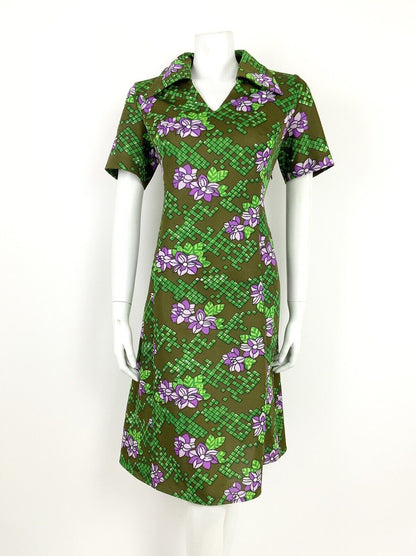 VINTAGE 60s 70s OLIVE GREEN PURPLE WHITE FLORAL GEOMETRIC SHIFT DRESS 14 16