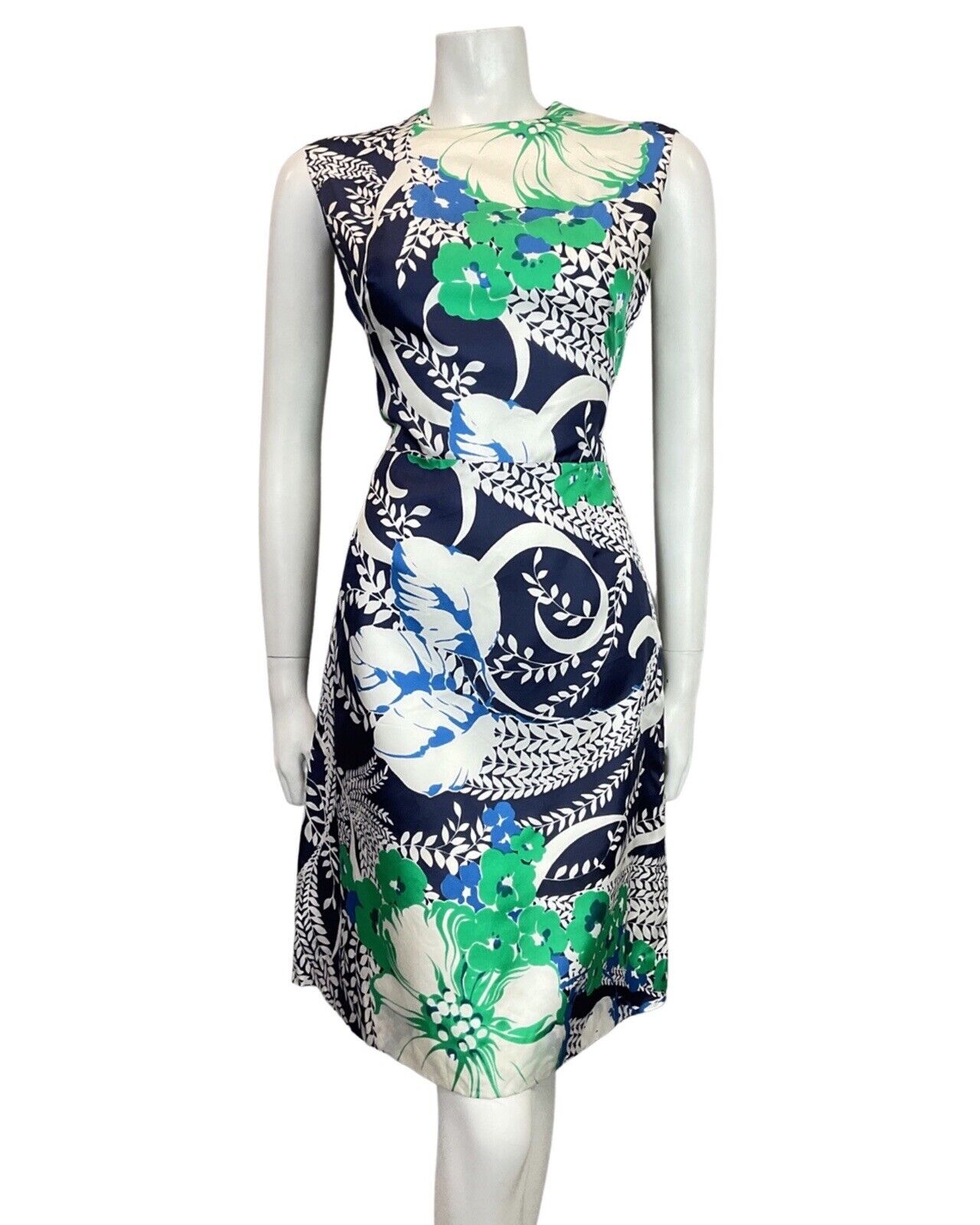 VINTAGE 60s 70s BLUE GREEN WHITE FLORAL VINE LEAFY SLEEVELESS DRESS 12