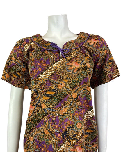 VINTAGE 60s 70s PURPLE GREEN GOLD PSYCHEDELIC FLORAL PAISLEY TENT DRESS 12 14