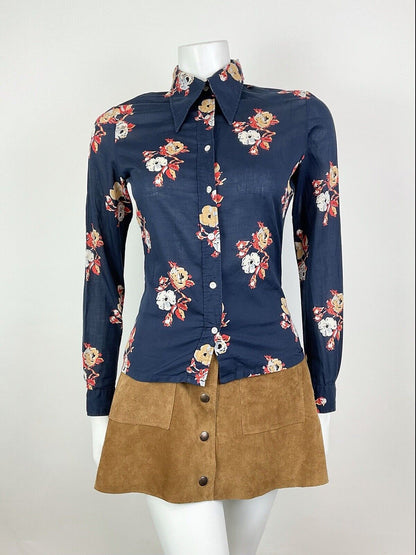 VINTAGE 60s 70s CACHAREL NAVY BLUE RED BEIGE FLORAL ROSE DAGGER SHIRT BLOUSE 10