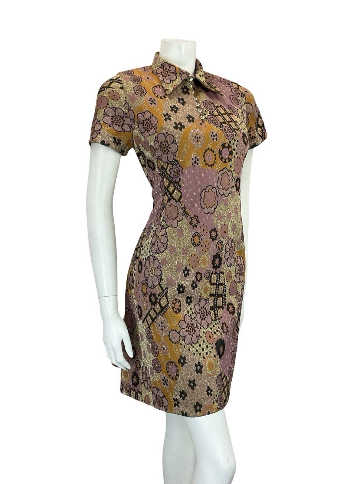 VTG 60S PINK GOLD BLACK ORANGE FLORAL PSYCHEDELIC WING COLLAR PARTY DRESS 8