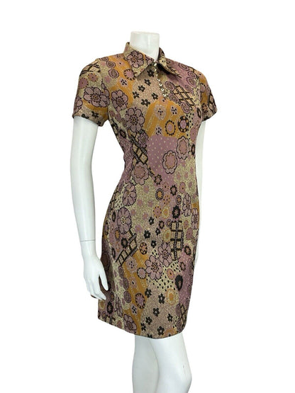 VTG 60S PINK GOLD BLACK ORANGE FLORAL PSYCHEDELIC WING COLLAR PARTY DRESS 8
