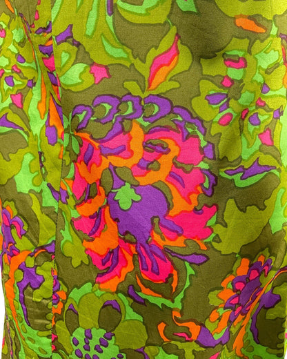 VINTAGE 60s 70s GREEN PURPLE ORANGE PSYCHEDELIC FLORAL SUMMER DRESS 12
