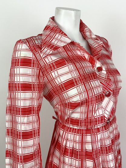 VINTAGE 60s 70s RED WHITE CHECKED PLAID MOD DAGGER COLLAR SHIRT DRESS 12