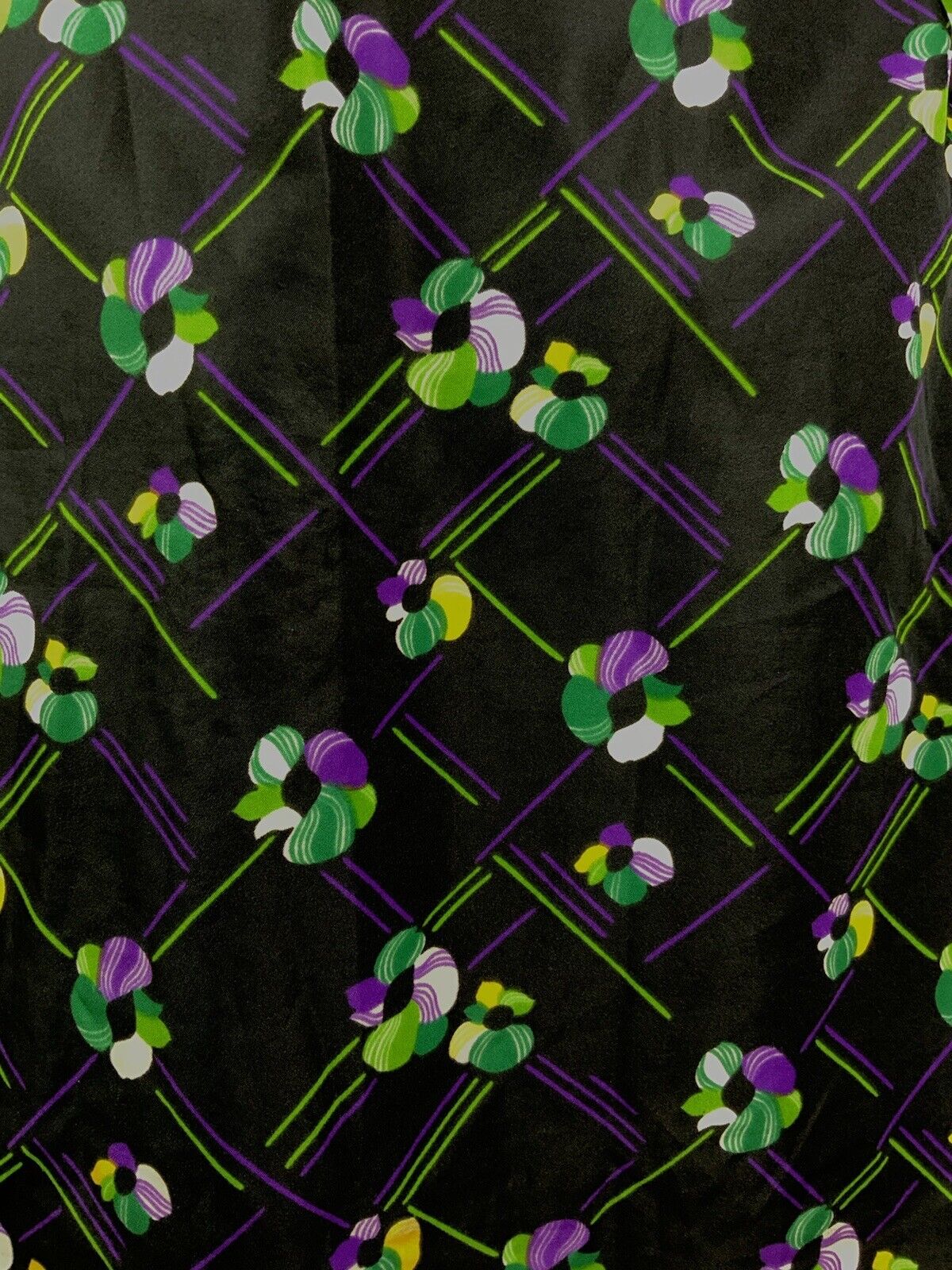 VINTAGE 60s 70s BLACK PURPLE GREEN CHECKED FLORAL SHIRRED SWEETHEART DRESS 10
