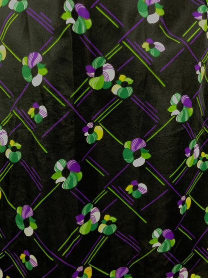 VINTAGE 60s 70s BLACK PURPLE GREEN CHECKED FLORAL SHIRRED SWEETHEART DRESS 10