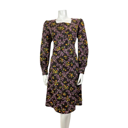 VINTAGE 60s 70s BROWN PURPLE GREEN FLORAL DITSY CHECKED EMPIRE LINE MOD DRESS 16