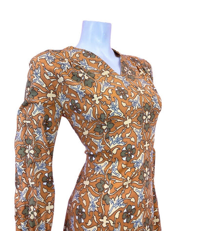 VINTAGE 60s 70s ORANGE BROWN BEIGE FLORAL PIXEL GEOMETRIC MOD DRESS 14 16